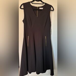 NWT Calvin Klein Black Midi Dress with Gold Zipper Details